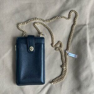 (NWT) Coach Black leather cell phone wallet holder with gold chain